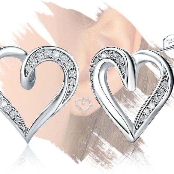 Heart Shaped Sterling Silver Cubic Zirconia Stud Earrings for Women - Hypoallerg - Picture 1 of 6